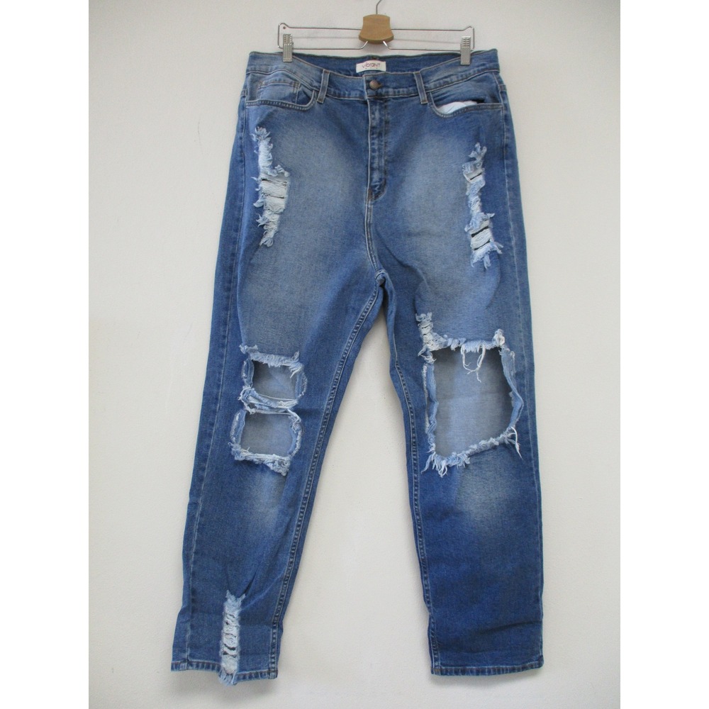 Vibrant M.I.U. Jeans Women 3X Blue Distressed Ripped High Rise Relaxed Fit USA